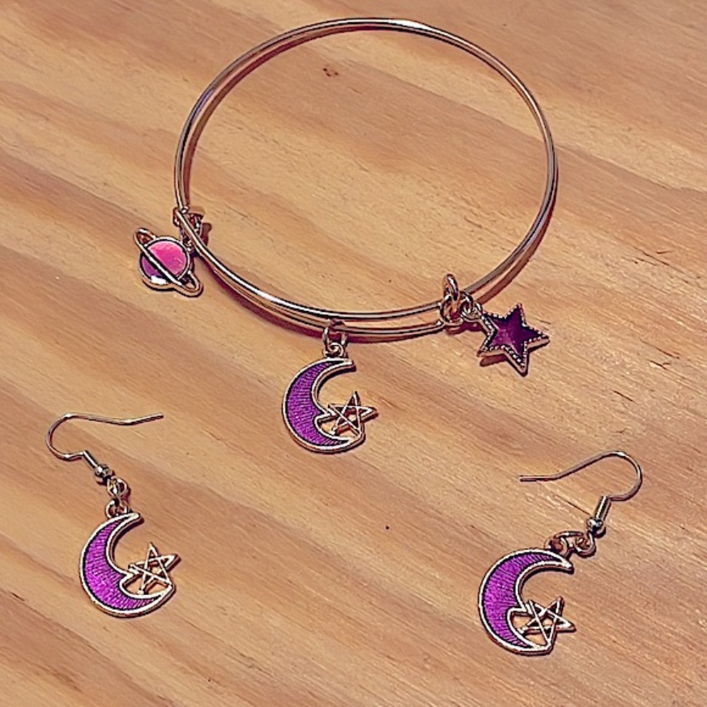 Sparkly Magenta Moon, Planets, Stars, Pentagram ⭐️ Bangle & Earrings SET